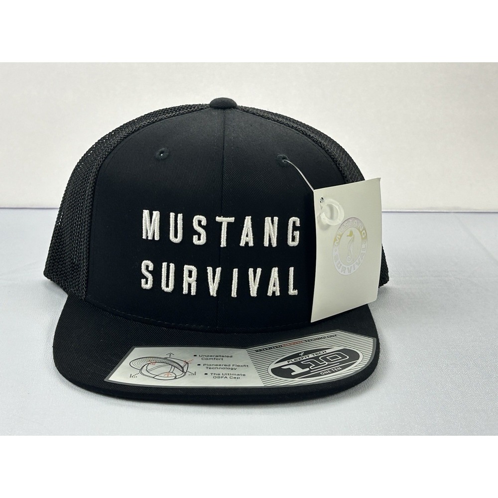 Mustang Survival Hat Black Yupoong 110 Flexfit Tech Trucker Snapback Cap NWT